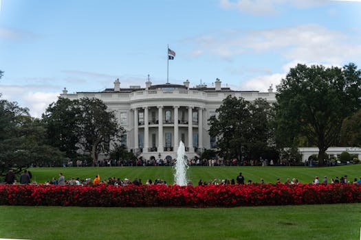 A stunning view of the White House with its garden and fountain, capturing a bright day scene.