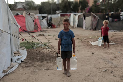 Young boys carrying water in a refugee camp in Gaza, reflecting daily struggles and resilience.