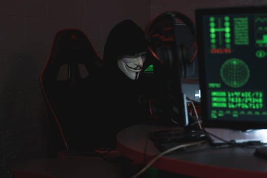 An anonymous hacker wearing a Guy Fawkes mask sits at a computer in a dimly lit room, engaged in cyber activities.