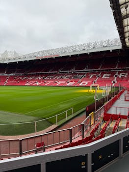 Empty Old Trafford stadium with red seats and green field under cloudy skies.